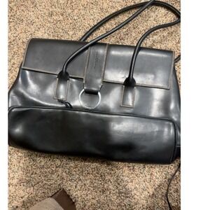Nannini Black Italian Leather Shoulder Bag Ring Detail Contrast Stitch Italy